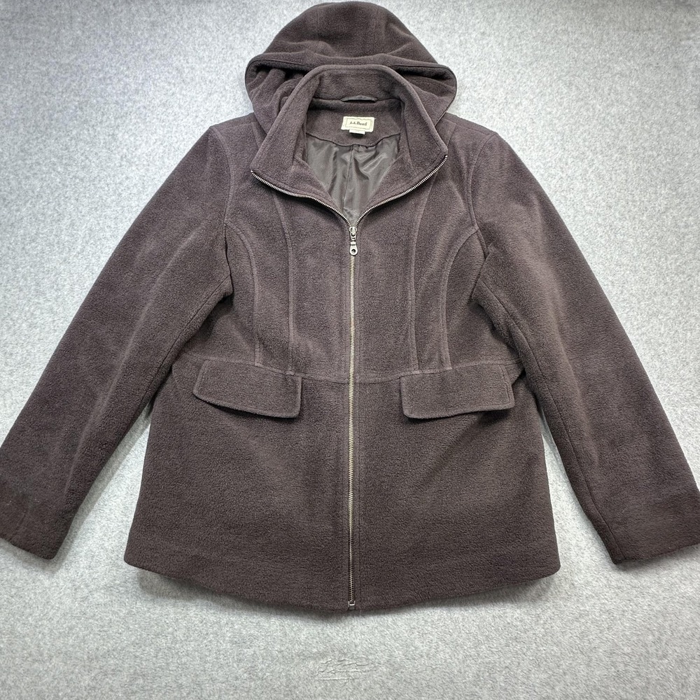 LL Bean Jacket Womens XL Brown Wool Blend Fleece Hooded Lined Full Zip Pockets